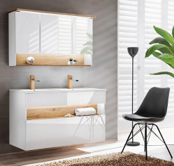2-teiliges Badmöbel-Set Bahama mit Waschplatz 120cm, & Spiegelschrank | weiß-hochglanz - wildeiche