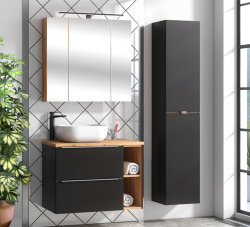 Badezimmer Waschplatz CAPRI 140cm | inkl. 2x Keramik Aufsatzwaschbecken | schwarz-goldeiche