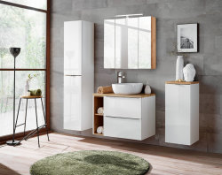 Badezimmer SET CAPRI 80cm 4-tlg.  | Aufsatz-Waschbecken, Hoch- und Spiegelschrank | weiß-goldeiche