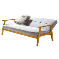 Schlafsofa Modern 190cm | Massivholz mit Webstoff & Zierknöpfen, klappbar | hellgrau