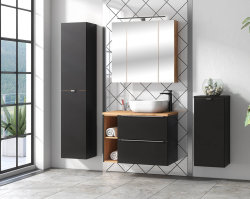 Badezimmer Waschplatz CAPRI 80cm | inkl. Keramik Aufsatzwaschbecken | schwarz-goldeiche