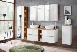 Badezimmer Waschplatz CAPRI 120cm | inkl. Doppel Keramik Einbau-Waschbecken | weiß-goldeiche