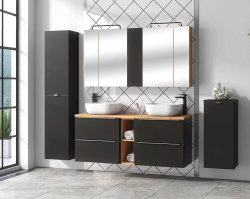 Badezimmer SET CAPRI 140cm 4-tlg.  | Waschtisch, 2x Hoch- und Spiegelschrank | schwarz-goldeiche