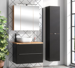 Badezimmer SET CAPRI 80cm 3-tlg.  | Waschtisch, Hoch & Spiegelschrank | schwarz-goldeiche