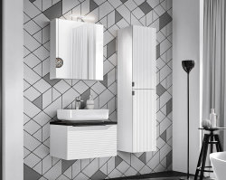 Badezimmer Waschplatz WHITSKAND 90cm | Aufsatzbecken Keramik weiß | weiß - grau-eiche