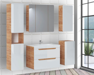 ARUBA 5-teilige Badkombination 80cm | Waschplatz, Spiegelschrank & Hängeschränke | eiche - weiß-hochglanz