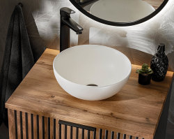 Badezimmer Waschplatz Tribune 60cm | Aufsatz-Waschbecken weiß matt | Schwarz - Wotan-Eiche