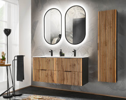 Badezimmer Waschplatz Tribune 60cm | Aufsatz-Waschbecken weiß matt | Schwarz - Wotan-Eiche
