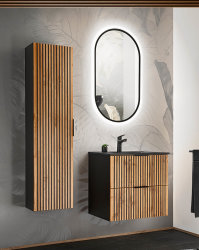 Badezimmer Waschplatz Tribune 160cm | 2x Aufsatz-Waschbecken weiß matt | Schwarz - Wotan-Eiche