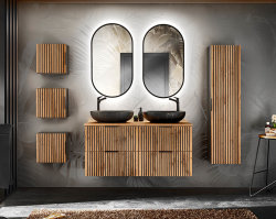 Badezimmer Waschplatz Tribune 160cm | 2x Aufsatz-Waschbecken weiß matt | Schwarz - Wotan-Eiche