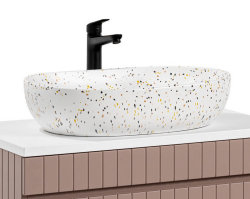 Badezimmer Waschplatz ROSINA 60cm | mit marmoriertem Aufsatzbecken | rosé-weiß