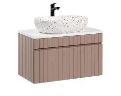Badezimmer ROSINA 180cm Set 3tlg. | mit marmoriertem Aufsatzbecken | rosé-weiß